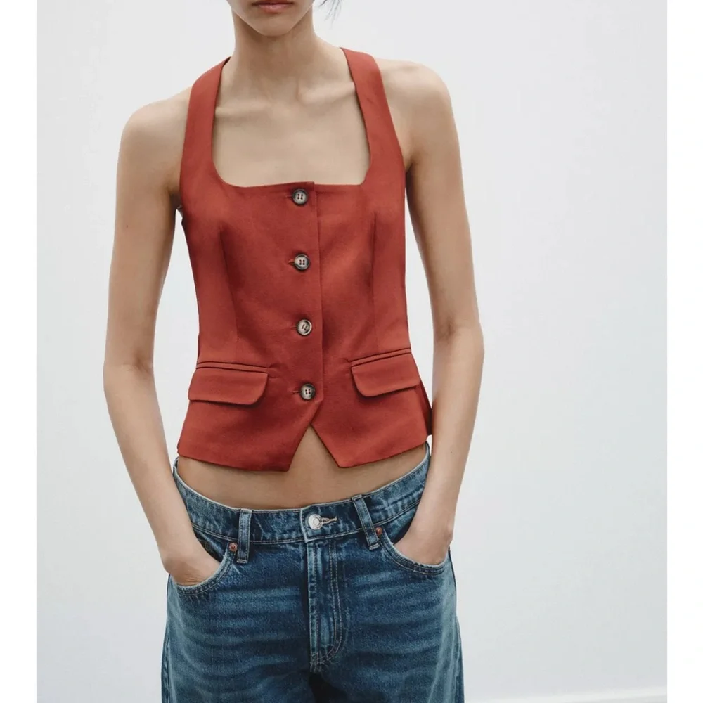 Zara Rust Button-Down Halter Top - Picture 2 of 3